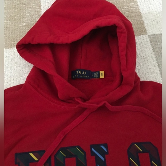 Polo Ralph Lauren Red Varsity Striped Logo Hoodie Sweatshirt Size M - Picture 8 of 11